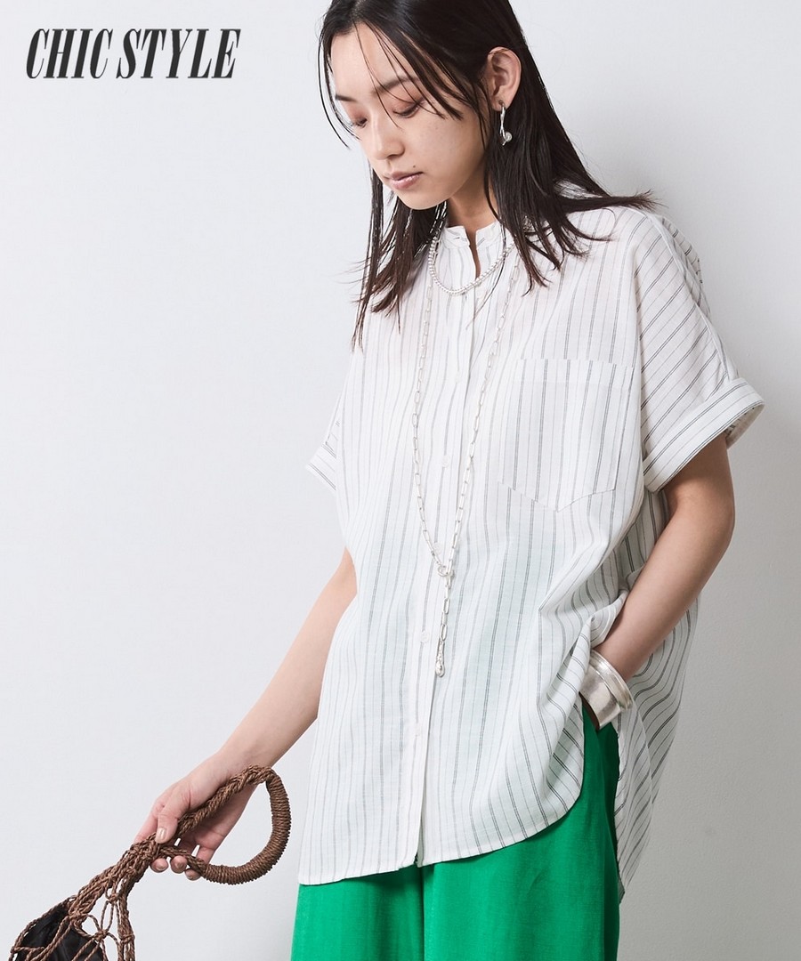 nissen 條紋法式短袖襯衫(CHIC STYLE) (日本女裝大尺碼) NSAMR0125C0019 SS25