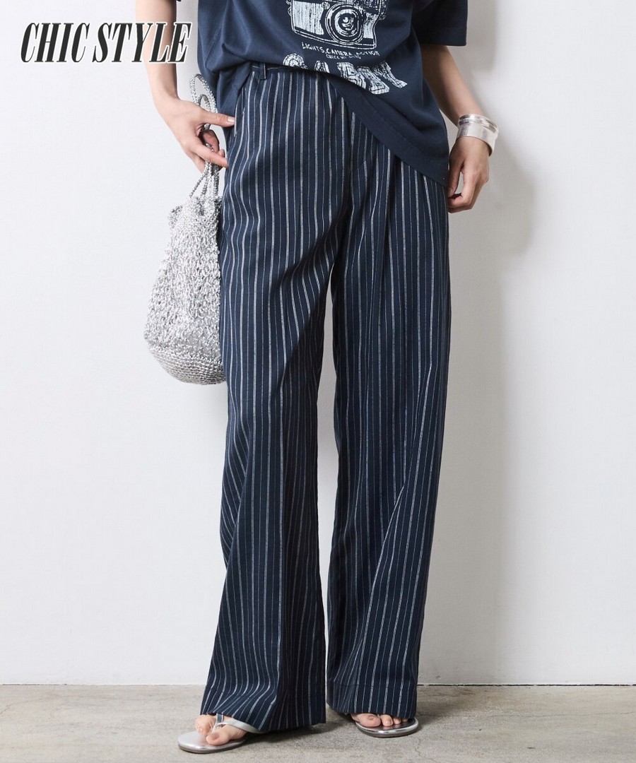 nissen 條紋休閒褲(附打底褲)(CHIC STYLE) (日本女裝大尺碼) NSAMR0125C0021 SS25