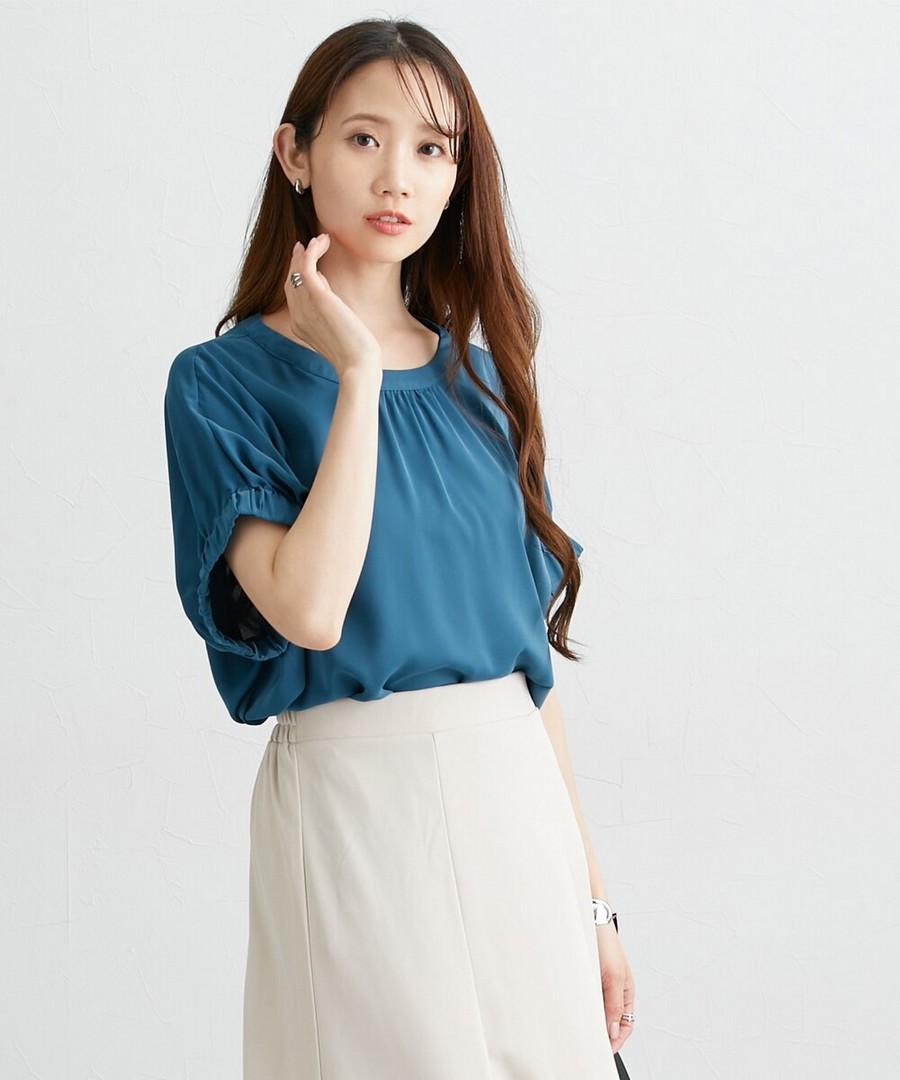 nissen 袖部褶皺上衣(接觸冷感，防紫外線) (日本女裝大尺碼) NSCIH0125B0053 SS25