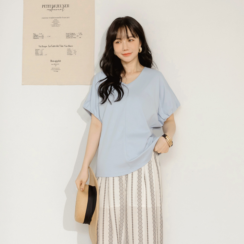 OB 純棉V領泡泡袖打褶上衣 OBAB20417 SS25