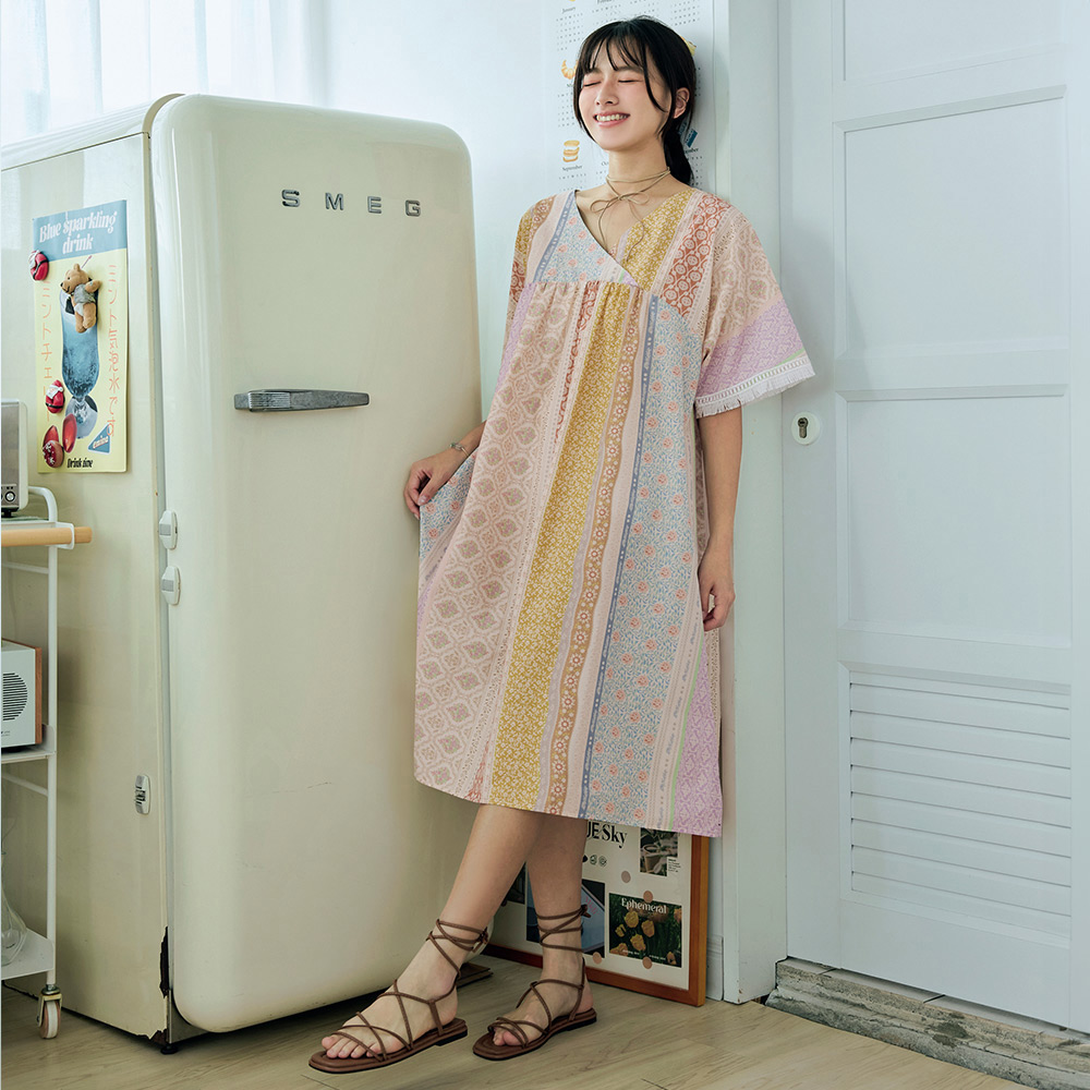 OB 日系純棉拼布感碎花流蘇袖V領連身裙 OBDA10504 SS25