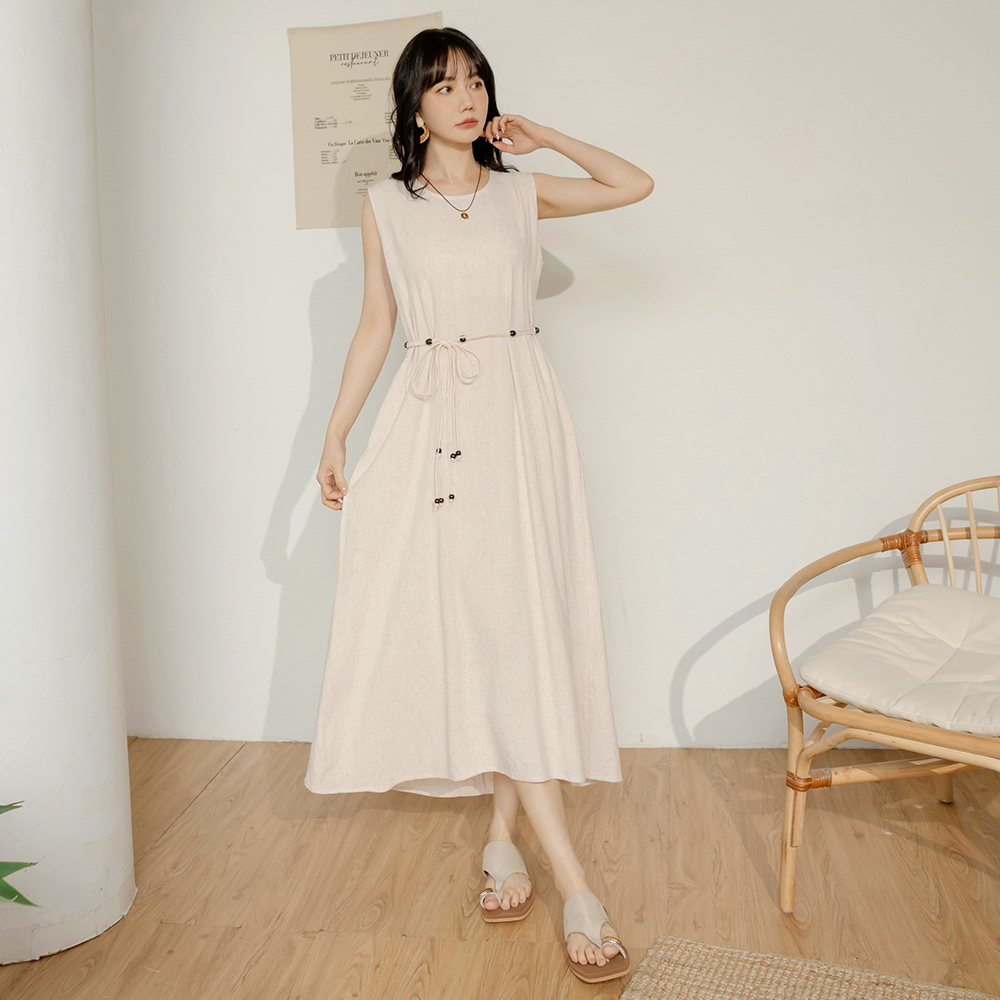 OB 棉麻感後開衩傘襬無袖長連身裙 OBDA10528 SS25