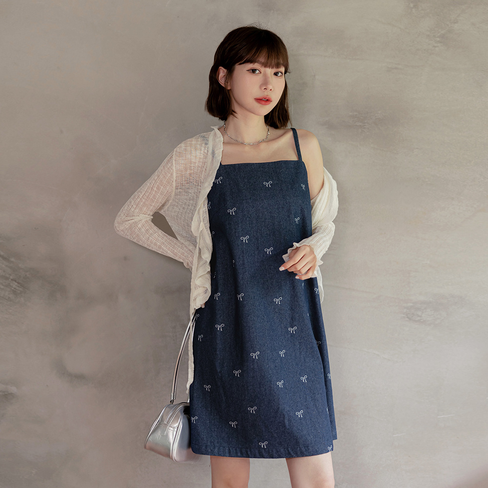 OB 純棉蝴蝶結印花細肩帶牛仔短連身裙 OBDA10436 SS25
