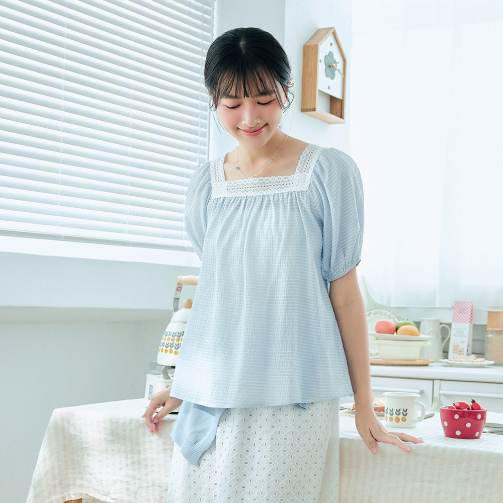 OB 日系格紋蕾絲方領美背綁帶拋袖上衣 OBAB20369 SS25