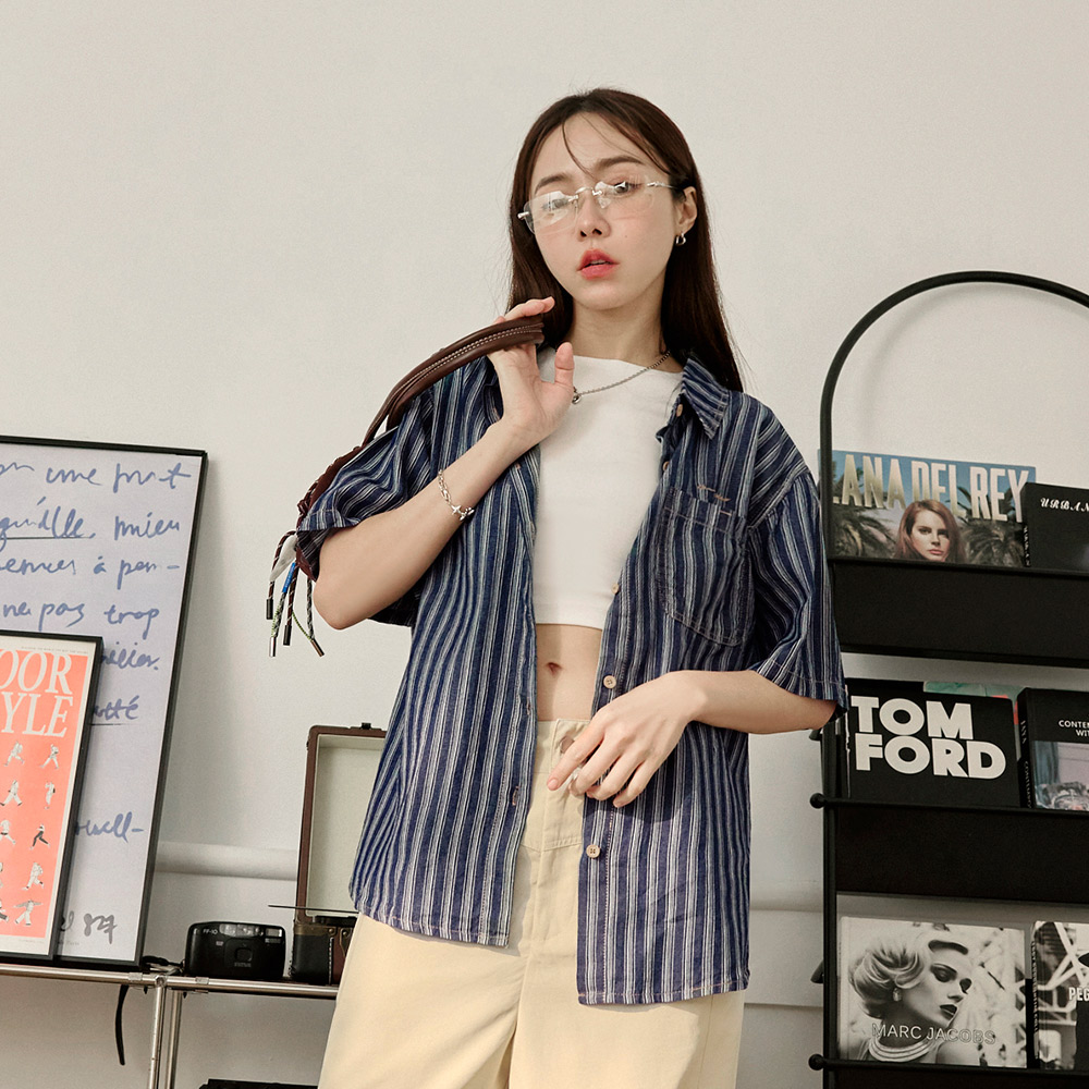 OB 純棉條紋單口袋短袖襯衫上衣 OBAB20692 SS25