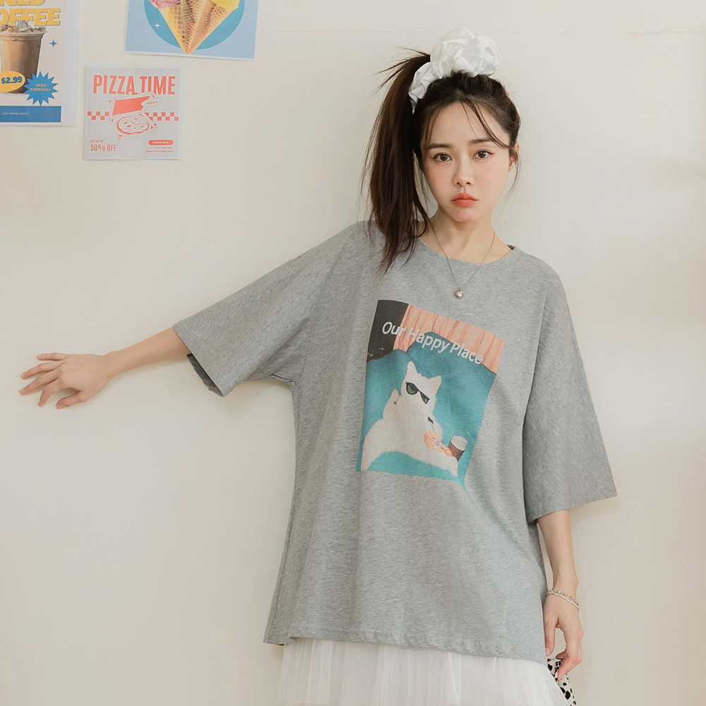 OB 純棉快樂貓咪印花寬鬆短袖上衣 OBAB20601 SS25