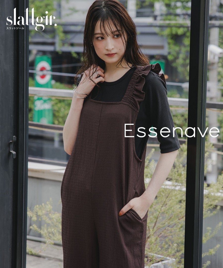 nissen [高挑尺寸]柳條布肩部荷葉邊連身褲(加長尺碼)(Essenave) (日本女裝大尺碼) NSBNC0425B0014 SS25