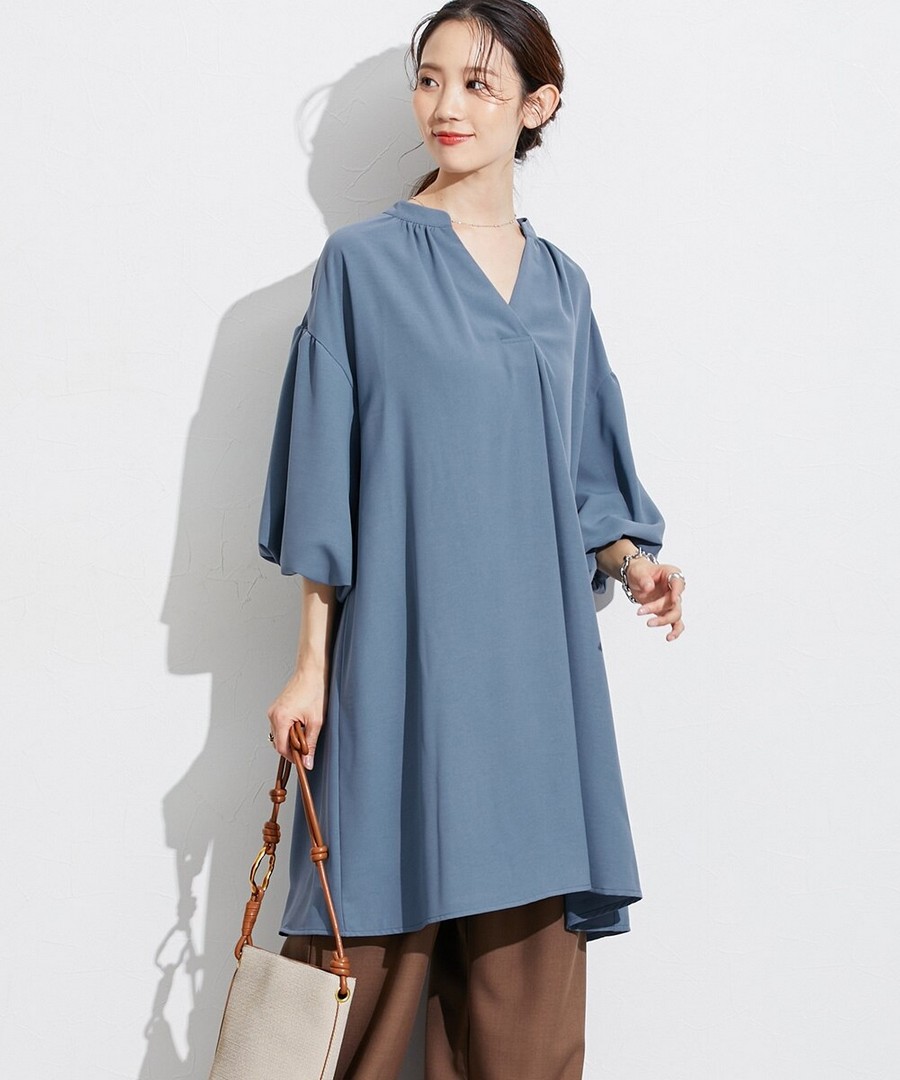 nissen 垂感柔軟開領泡泡袖長款襯衫/連身裙 (日本女裝及大尺碼適用) NSCIH0125C0007 SS25