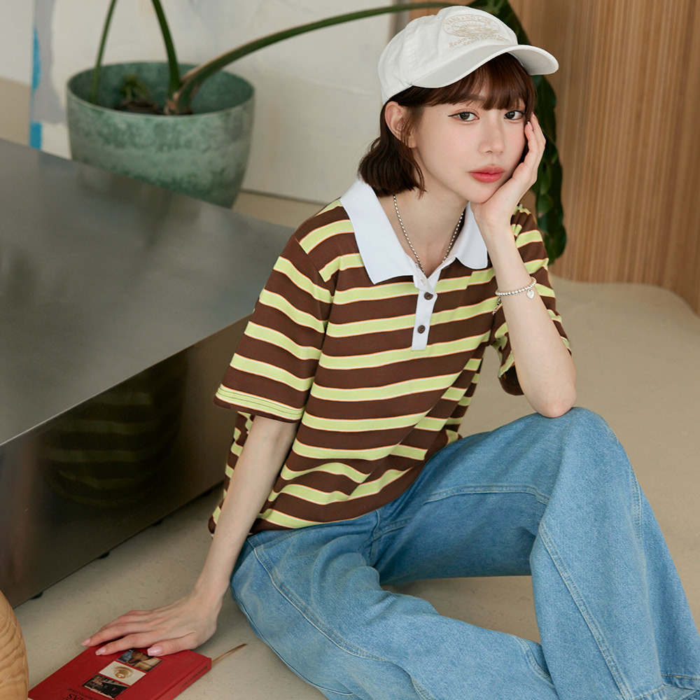 OB 純棉撞色條紋POLO領短袖上衣 OBAB20517 SS25