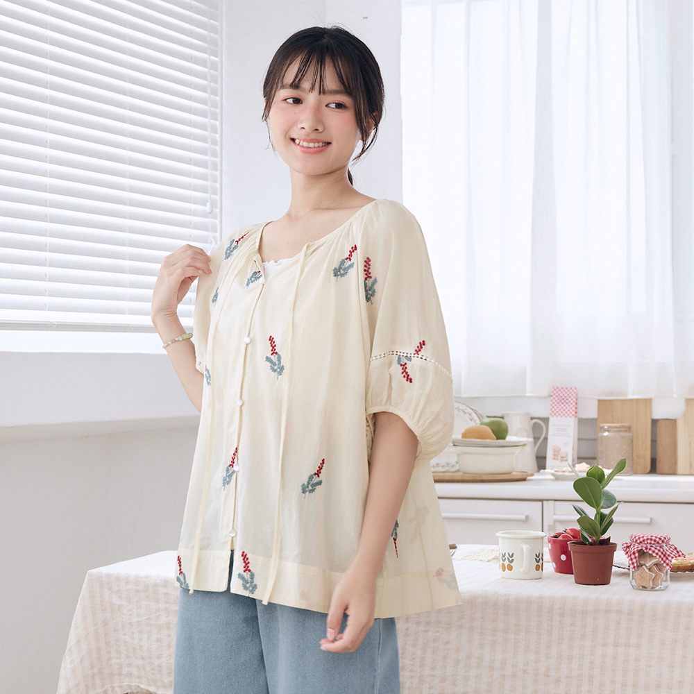 OB 純棉刺繡綁帶澎袖上衣 OBAB20492 SS25