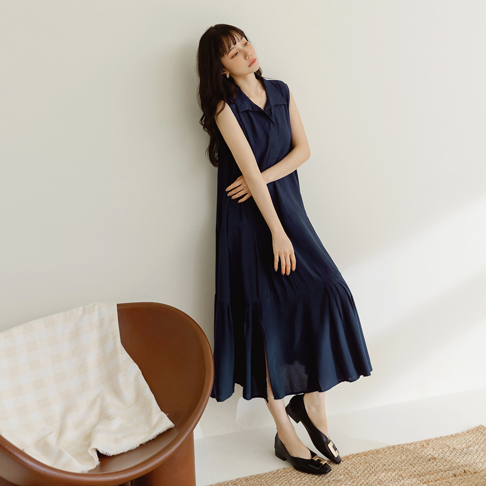 OB 翻領層次傘襬側開衩無袖長連身裙 OBDA10582 SS25