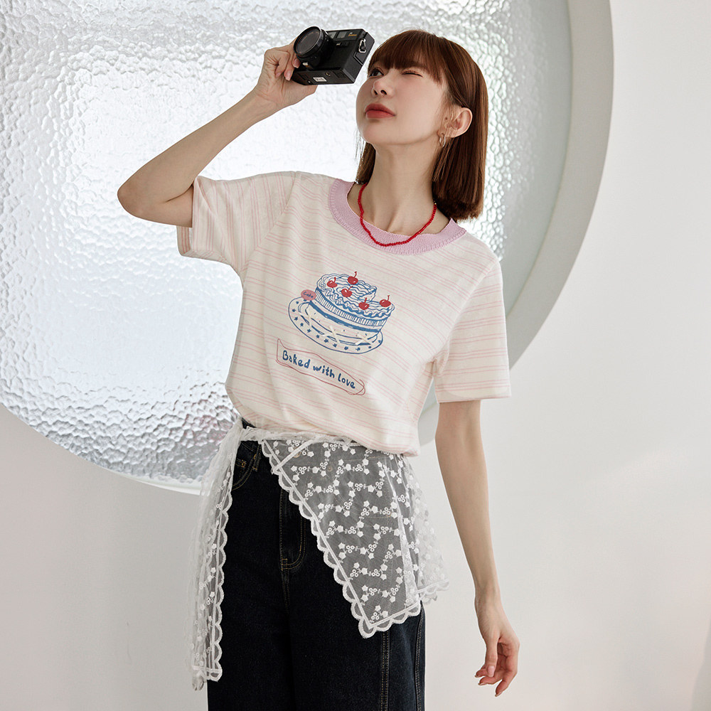 OB 配色圓領條紋蛋糕印花短袖上衣 OBAB20718 SS25
