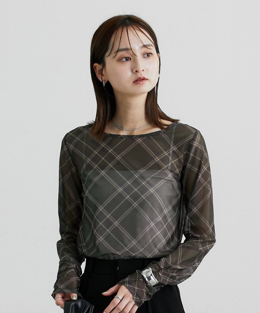 nissen 透視格紋長袖上衣 (日本女裝大尺碼) NSCIH0125B0055 FW25