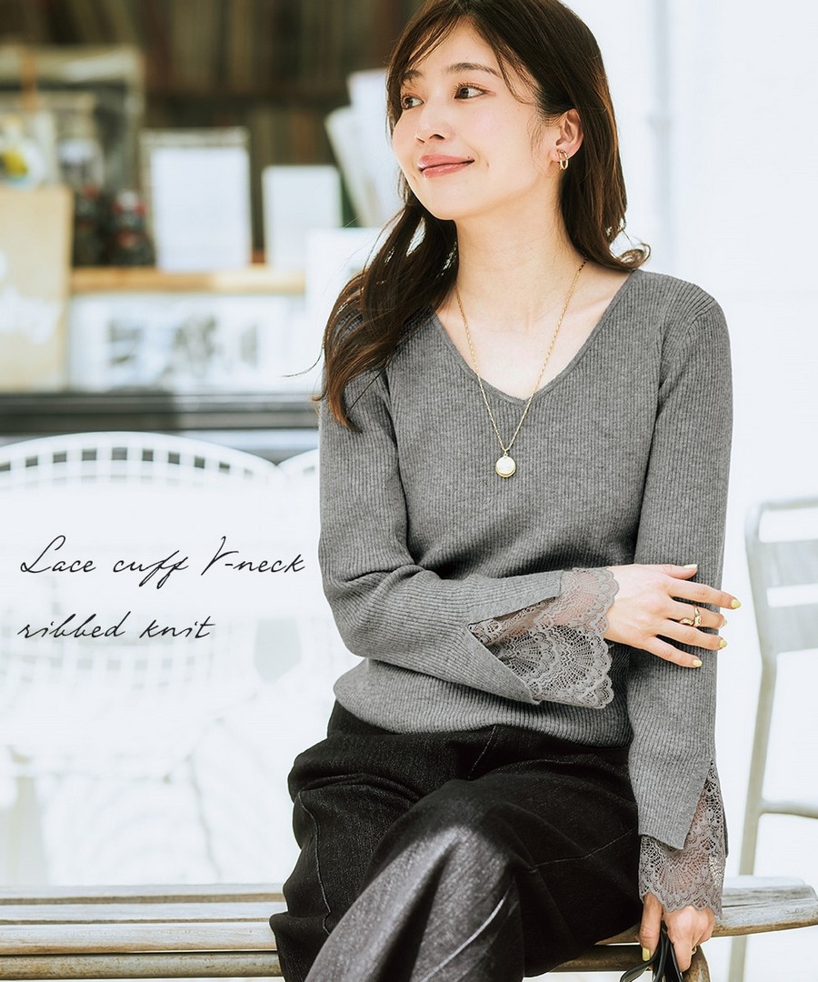 nissen 蓬鬆柔軟材質，袖口蕾絲V領羅紋針織衫 (日本女裝及大尺碼適用) NSAFG0425D0004 FW25