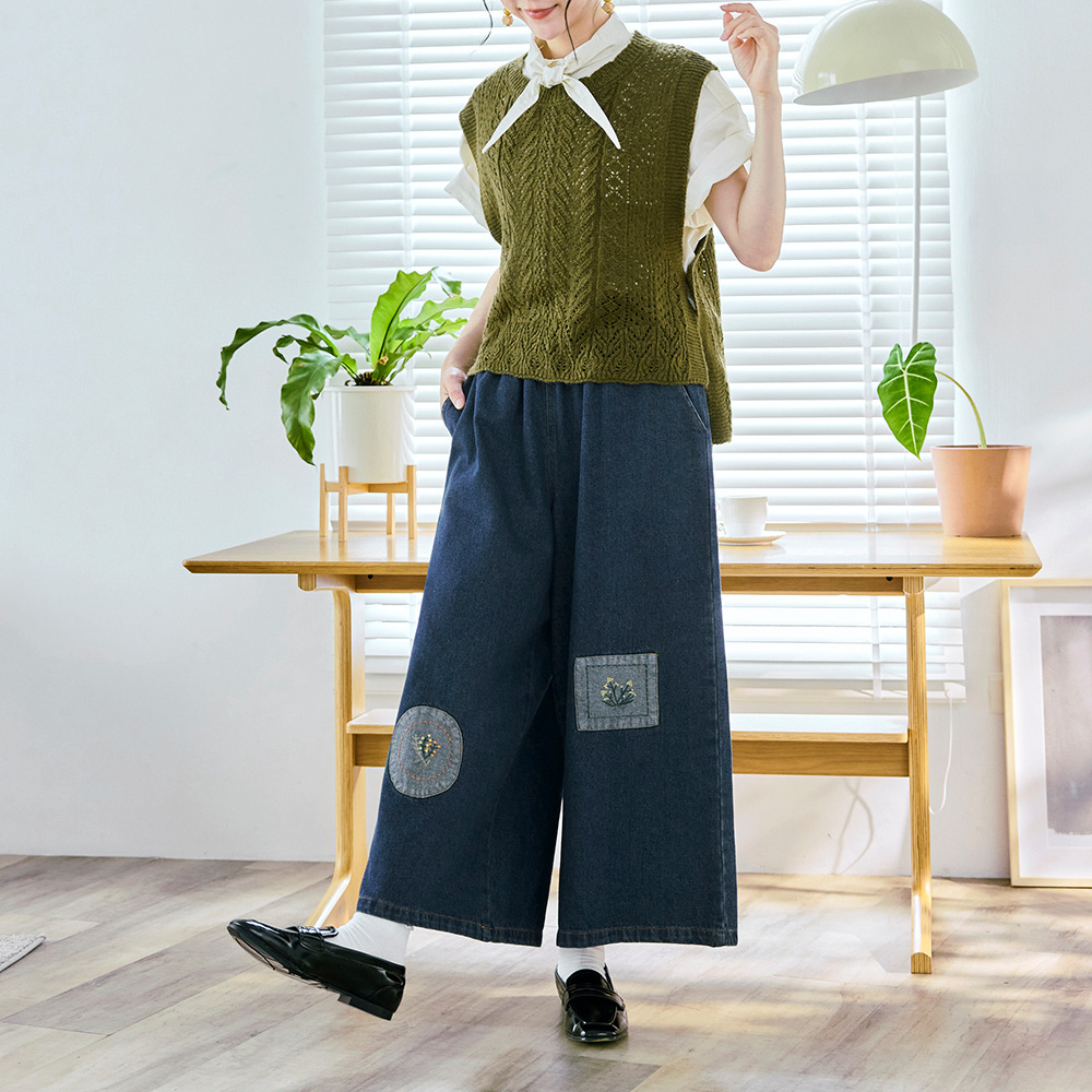OB 日系純棉花卉刺繡拼布造型牛仔寬褲 OBBA7880 FW25