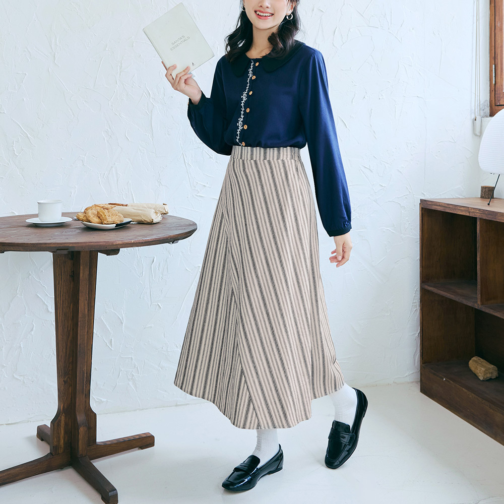 OB 日系棉麻不規則條紋拼接長裙 OBCA3193 FW25