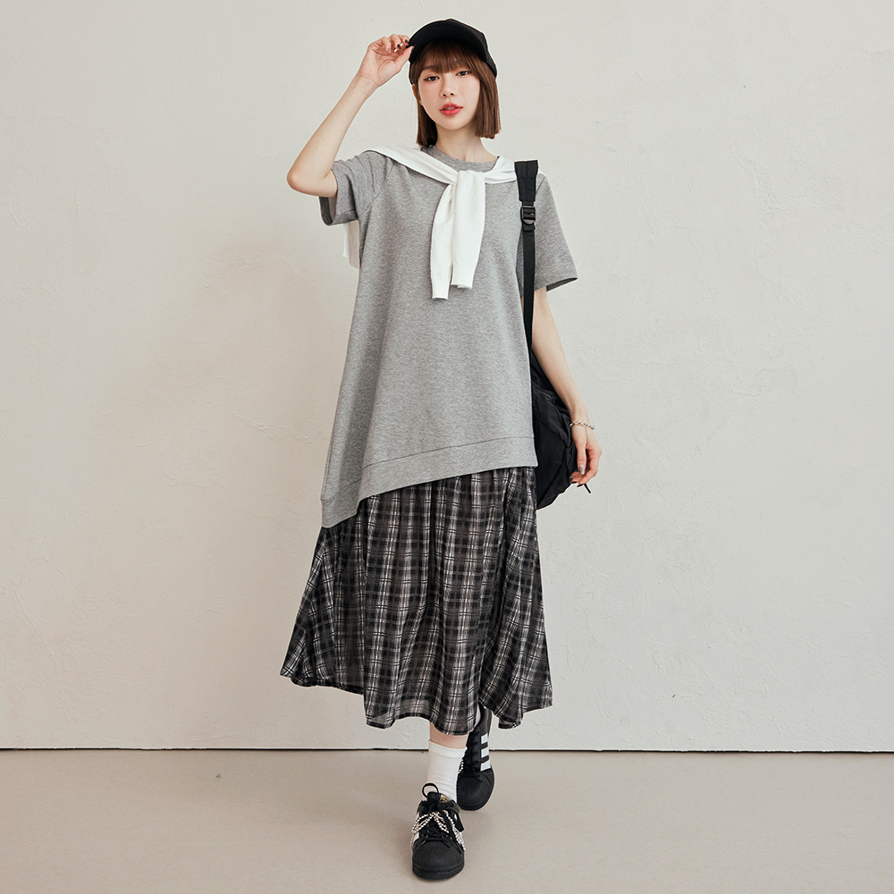 OB 太空棉假兩件斜襬格紋長連身裙 OBDA10596 SS25