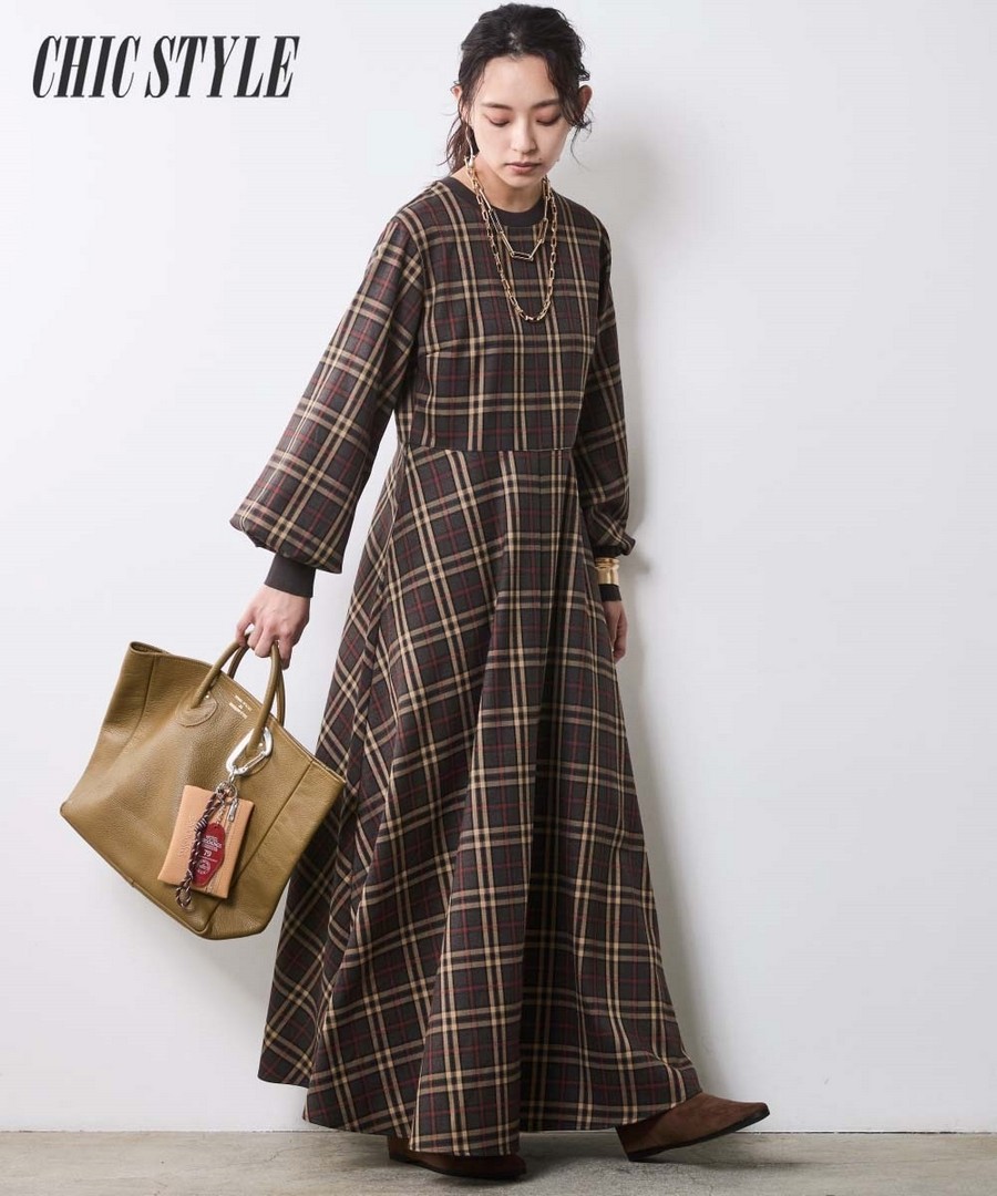 nissen 格紋泡泡袖長款連身裙(CHIC STYLE) (日本女裝大尺碼) NSAMR0125E0010 FW25