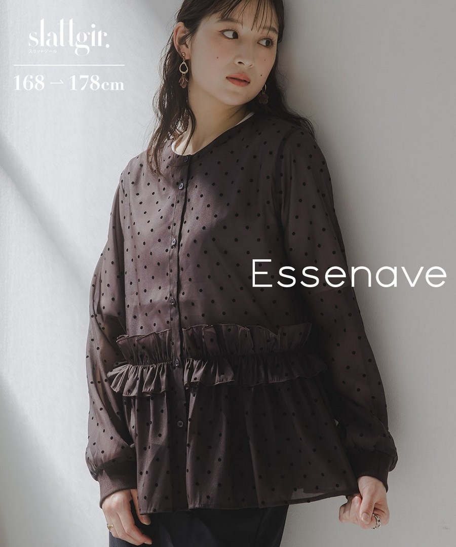 nissen [高挑尺寸]薄紗圓點植絨腰部荷葉邊設計襯衫(Essenave) (日本女裝大尺碼) NSBNC0425D0005  FW25