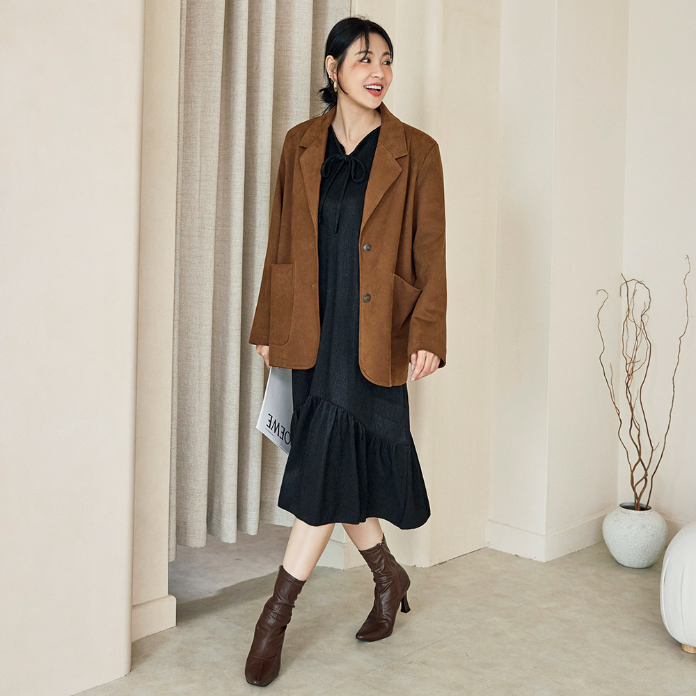 OB 立體紋理綁帶領傘襬長連身裙 OBDA10626  FW25