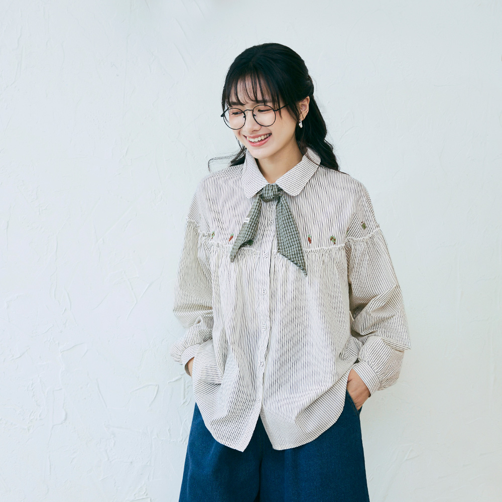 OB 日系純棉條紋植物刺繡荷葉滾邊襯衫上衣 OBAB20751  FW25