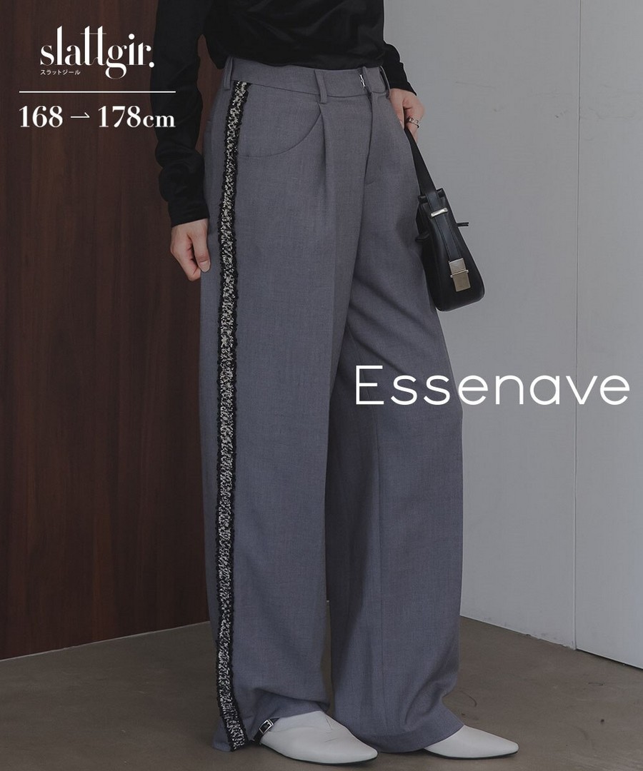 nissen [高挑尺寸] 側邊粗花呢線條寬腿褲(Essenave) (日本女裝大尺碼) NSVWD0125E0002  FW25