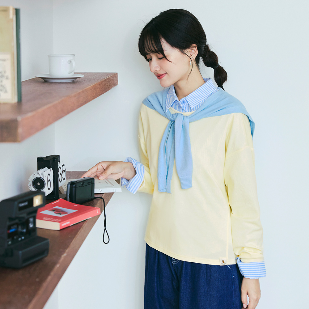 OB 日系彈力素色可愛織標落肩寬鬆上衣 OBAB20725  FW25