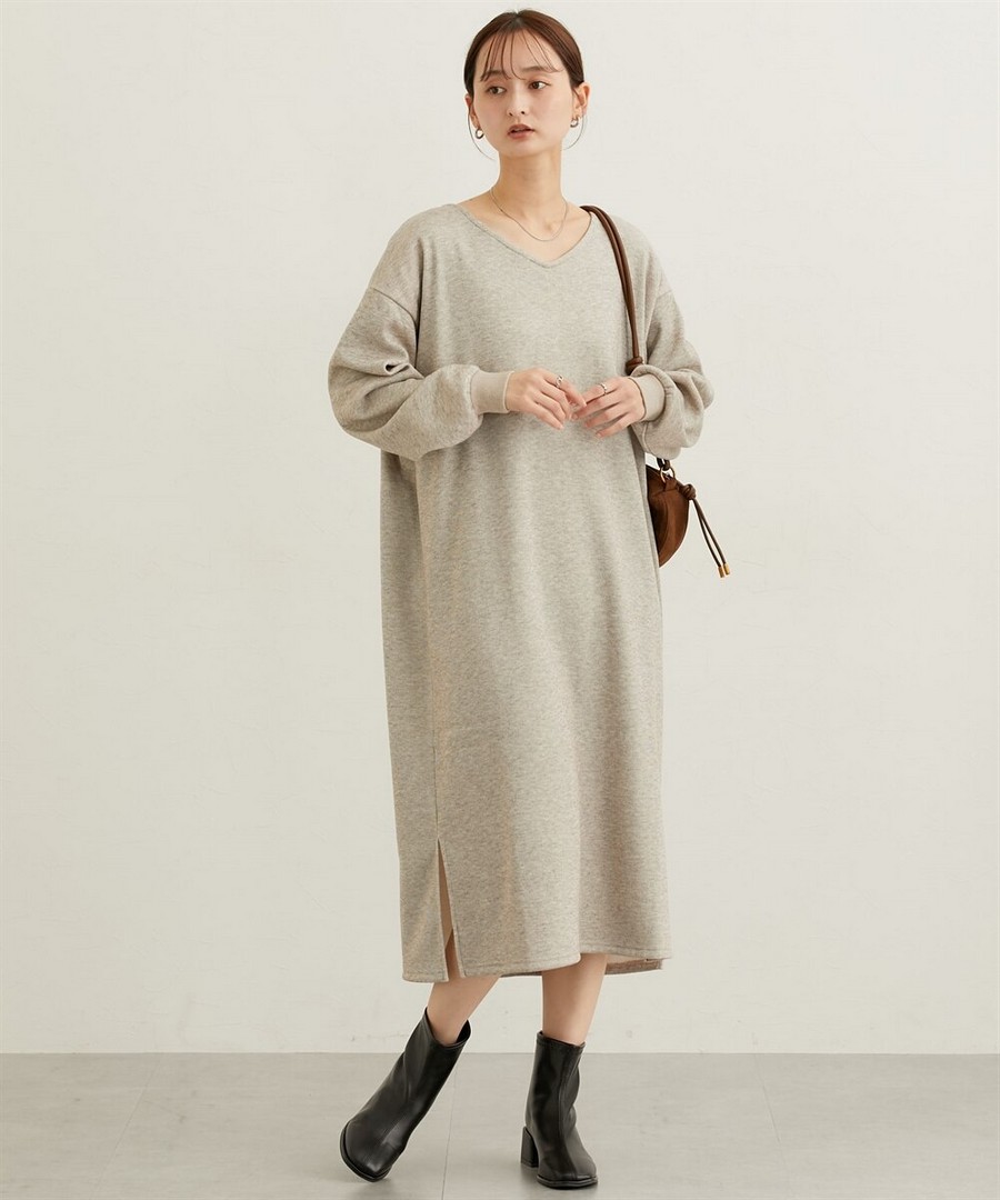nissen 加絨V領長款連身裙 (日本女裝大尺碼) NSDCS0125E0015 FW25