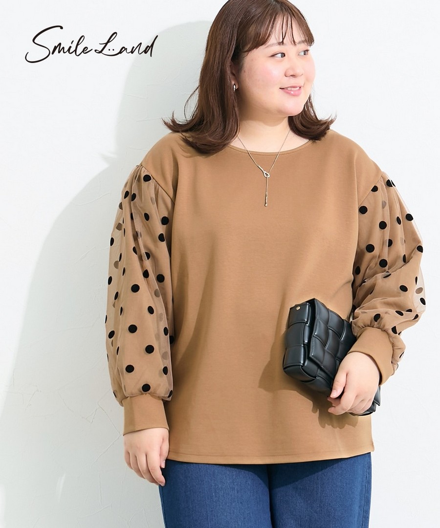 nissen 袖部網紗圓點上衣 (日本女裝大尺碼) NSBLJ0225E0011 FW25