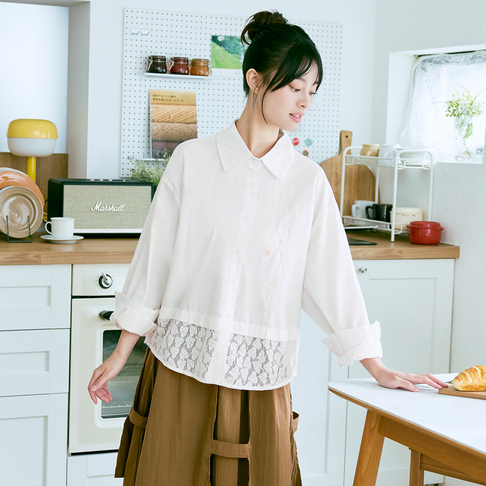 OB 日系花卉刺繡拼接蕾絲寬鬆襯衫 OBAB20803 FW25