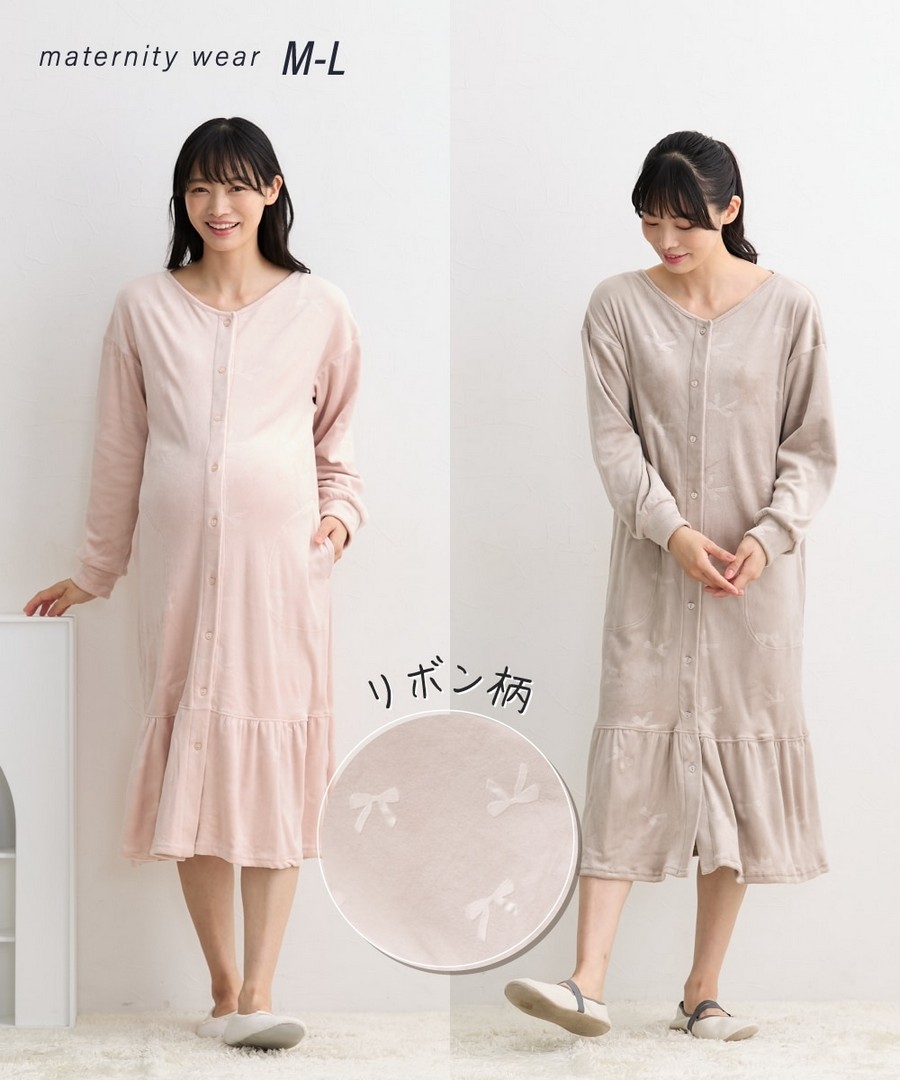 Nissen 天鵝絨蝴蝶結壓花睡裙(孕前，產後) (日本哺乳孕婦裝) NSCIH0125D0009 FW25