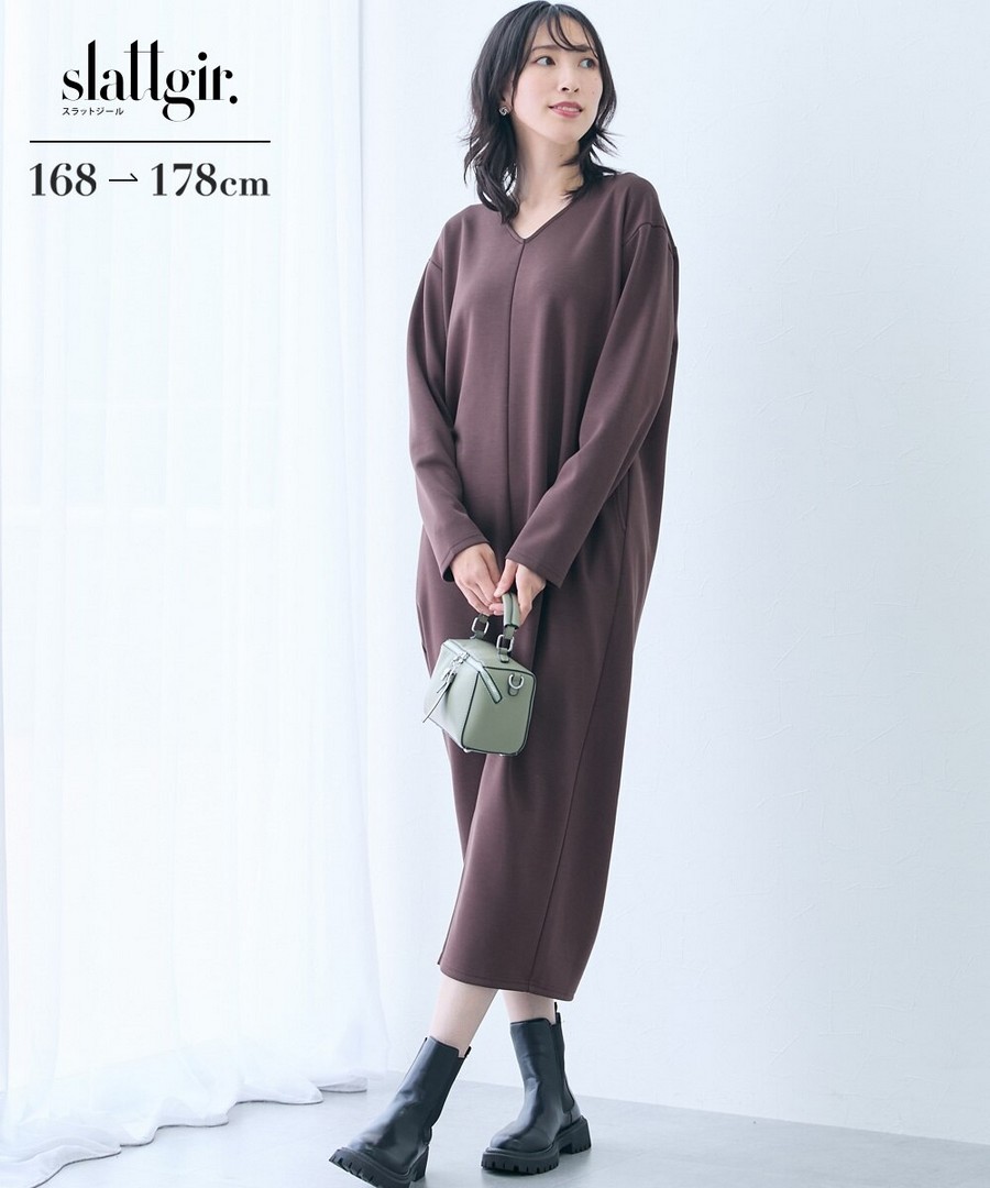 nissen [高挑尺寸]V領繭型剪裁連身裙 (日本女裝大尺碼) NSCSQ0225E0008 FW25