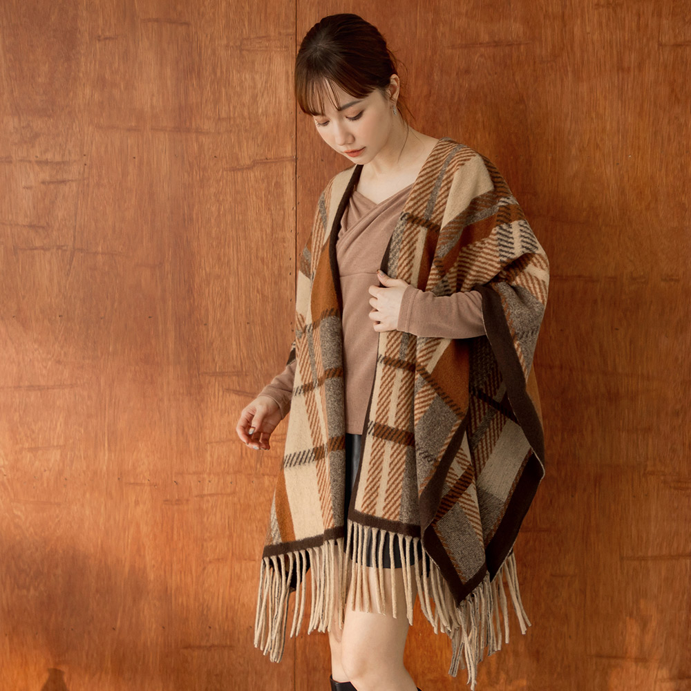 OB 柔暖仿羊絨格紋鬚邊寬版披肩 OBYE114 FW25