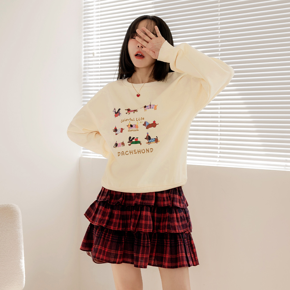 OB 棉質可愛狗狗印花寬鬆大學Tee/衛衣 OBAB20665 FW25