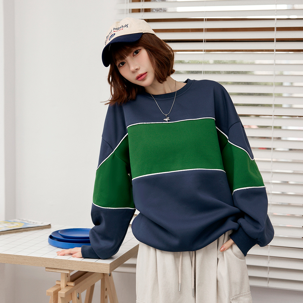 OB 內刷毛休閒配色拼接大學Tee/衛衣 OBAB20806 FW25