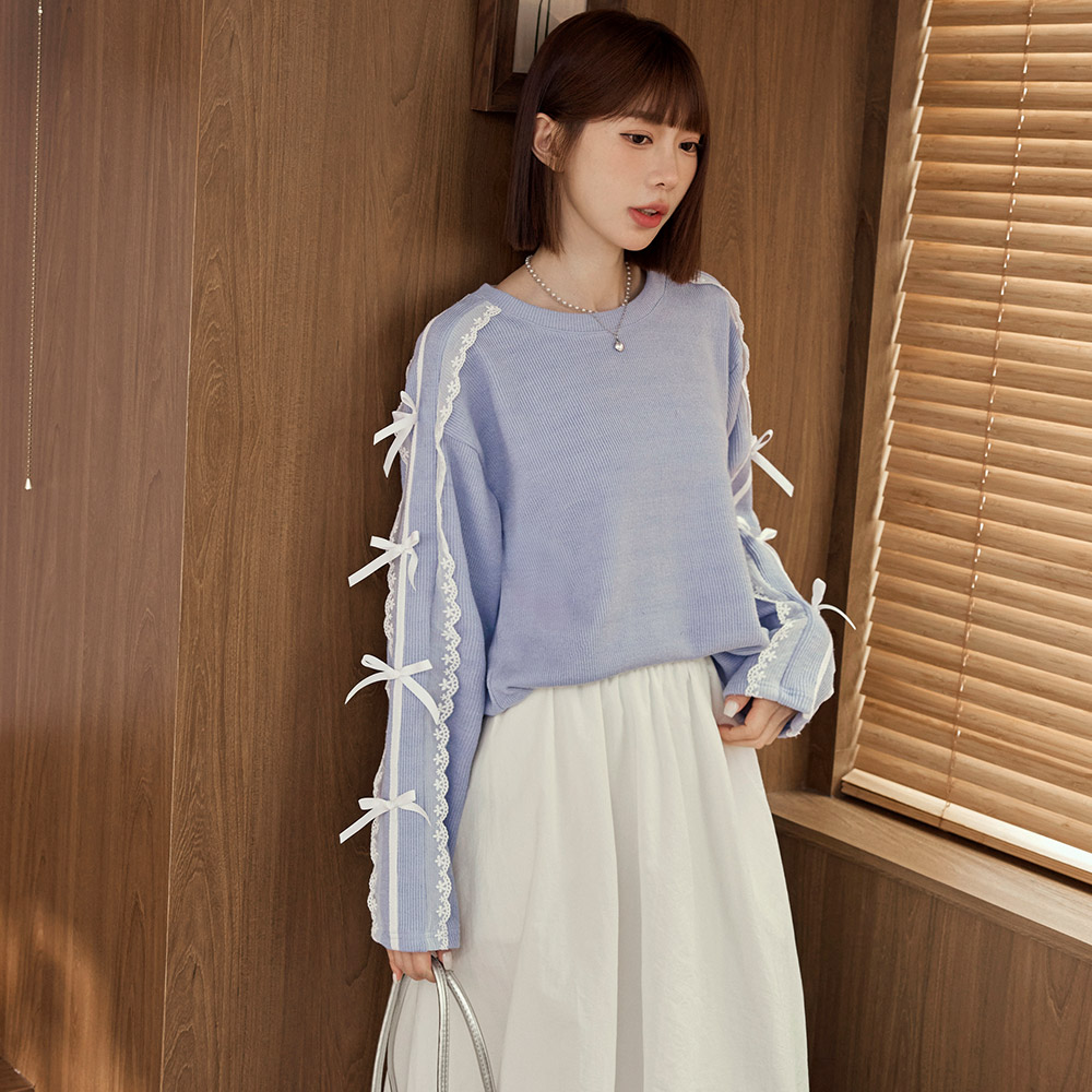 OB 蕾絲邊蝴蝶結造型袖針織大學Tee OBAB20856 FW25