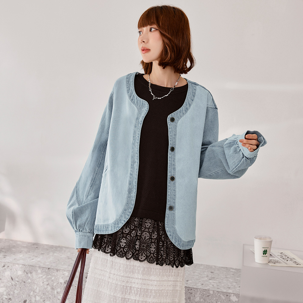 OB 純棉無領拼接牛仔寬袖外套 OBEA3899 FW25