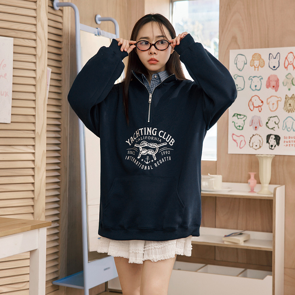 OB 半開襟立領拉鍊刺繡長版大學Tee/衛衣 OBAB20938 FW25