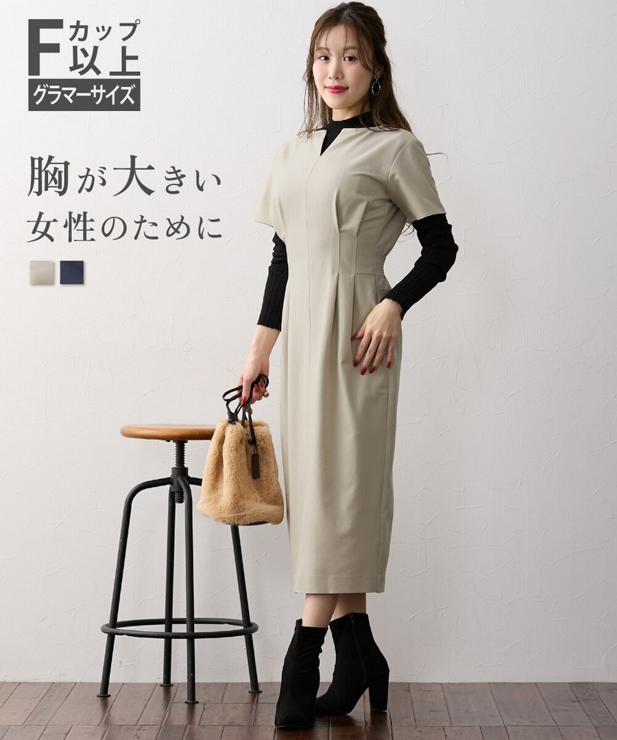 nissen [豐滿胸專用]鑰匙領腰褶短袖連身裙(帶口袋) (日本女裝大尺碼) NSVCY0126A0005 FW25
