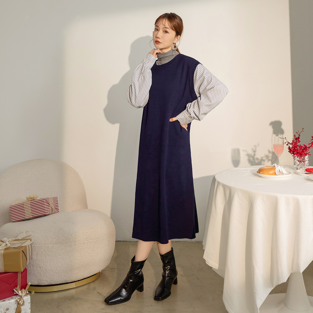 OB 假兩件拼接條紋襯衫長連身裙 OBFA3145 FW25