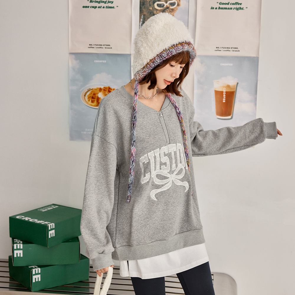 OB 內刷毛蕾絲繡花拉鍊寬鬆大學Tee/衛衣 OBAB20902 FW25