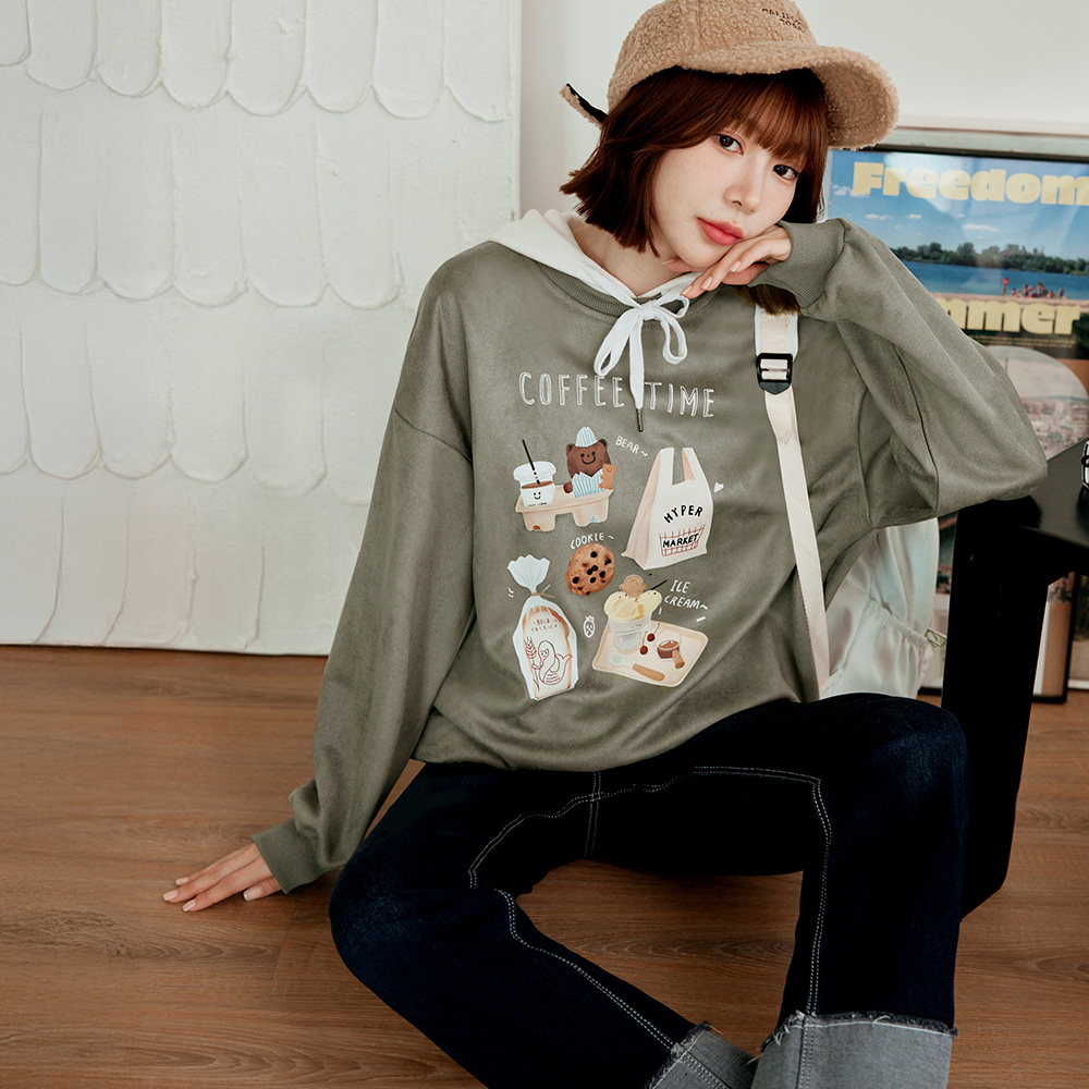 OB 麂皮絨下午茶印花寬鬆大學Tee/衛衣 OBAB20952 FW25