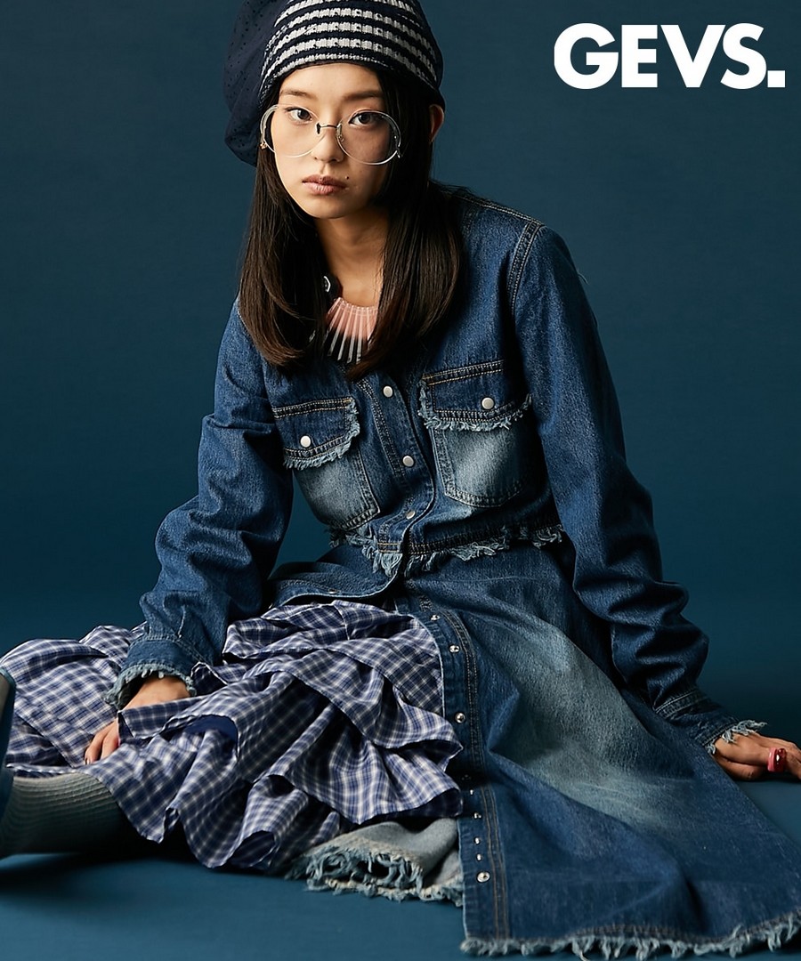 nissen 100%棉牛仔V領連身裙(GEVS.) (日本女裝大尺碼) NSAVB0226A0001 FW25