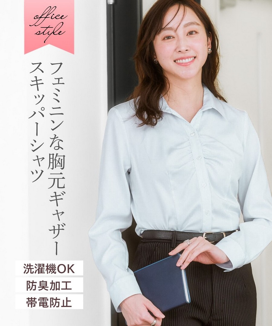 nissen 胸褶粉感緞面開領襯衫(防靜電，抗菌防臭)(辦公制服) (日本女裝及大尺碼適用) NSCNG0225D0023 FW25