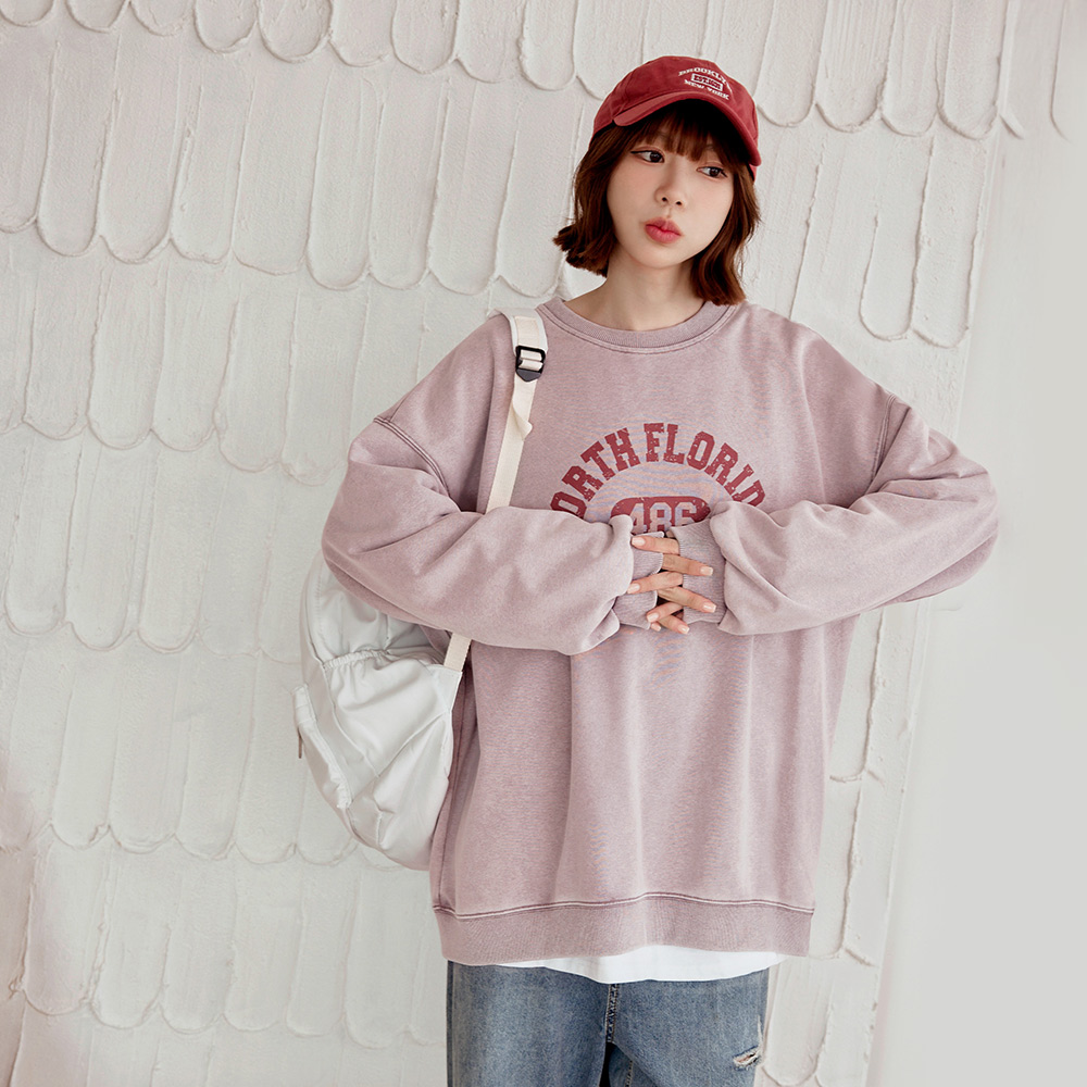 OB 純棉水洗字母印花寬鬆大學Tee/衛衣 OBAB21080 FW25