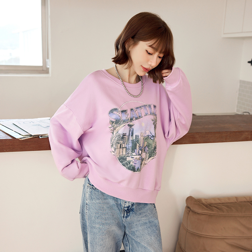 OB 洗舊城市印花寬鬆大學Tee/衛衣 OBAB20891 FW25