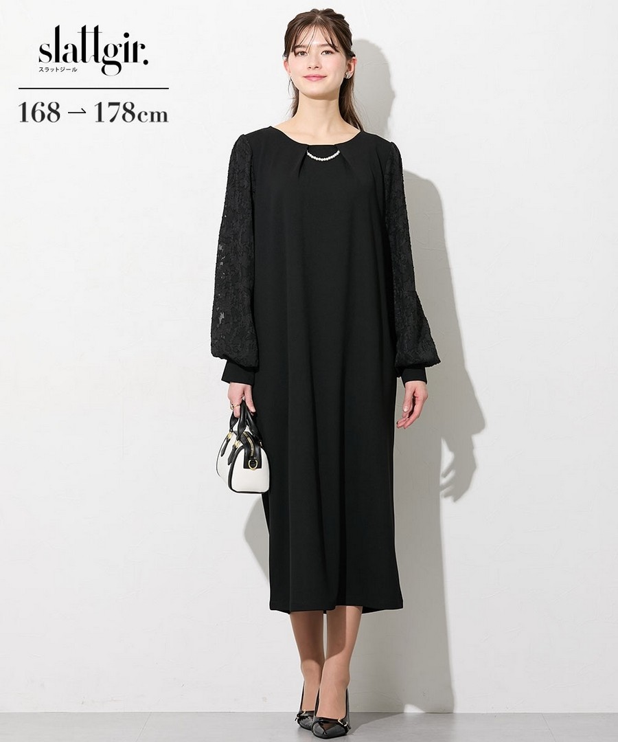 nissen [高挑尺寸]附飾品袖部薄紗拼接連身裙 (日本女裝大尺碼) NSDHU0126A0019 SS26