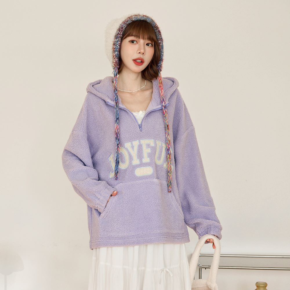 OB 保暖刷毛撞色字母半拉鍊寬鬆帽Tee/衛衣 OBAB20967 FW25