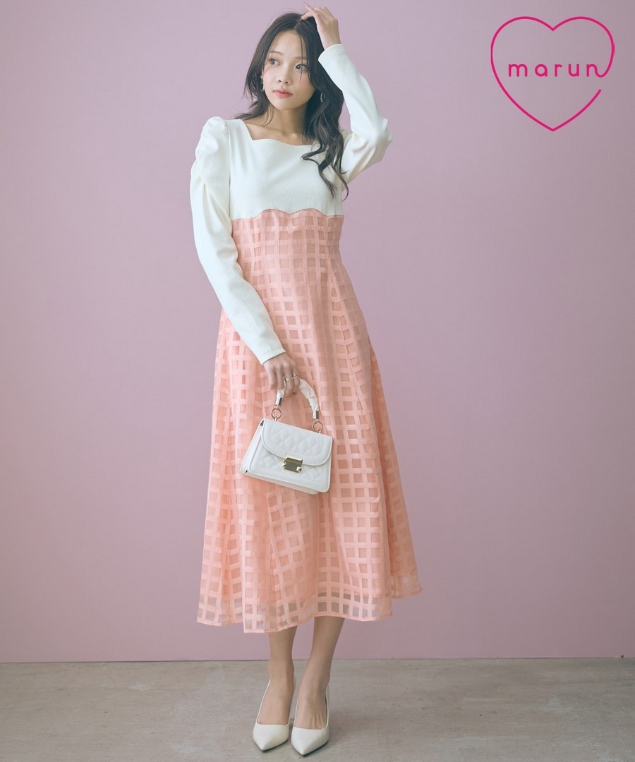 nissen 高腰透視格紋拼接連身裙(marun) (日本女裝大尺碼) NSAMR0126A0023 FW25