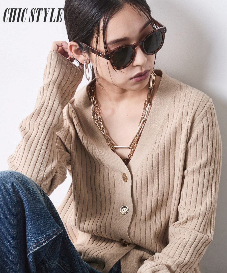 nissen 100%純棉寬坑條V領針織外套(CHIC STYLE) (日本女裝大尺碼) NSAWD0126A0003 SS26